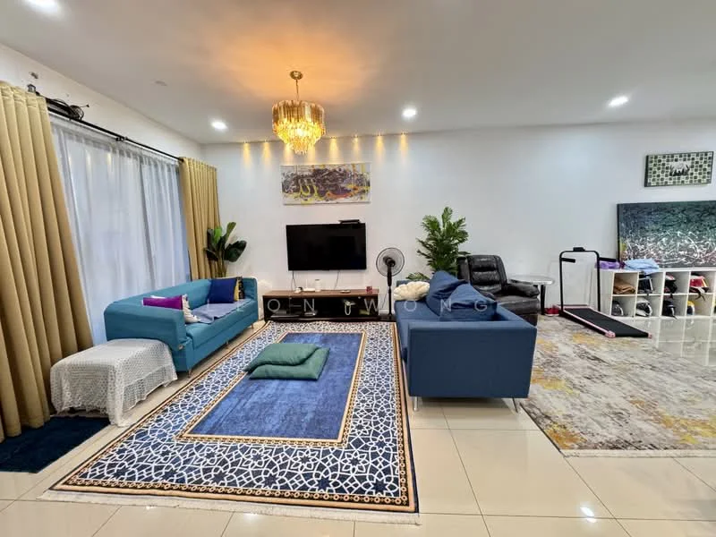 Living features: chandelier, 5-blade ceiling fan, floor-to-ceiling windows with sheer curtains, blue fabric sofa, light blue fabric sofa, area rug with geometric pattern, wall-mounted TV, TV console, decorative plants, decorative artwork on wall, cream painted walls, cream tiled flooring; style: modern.