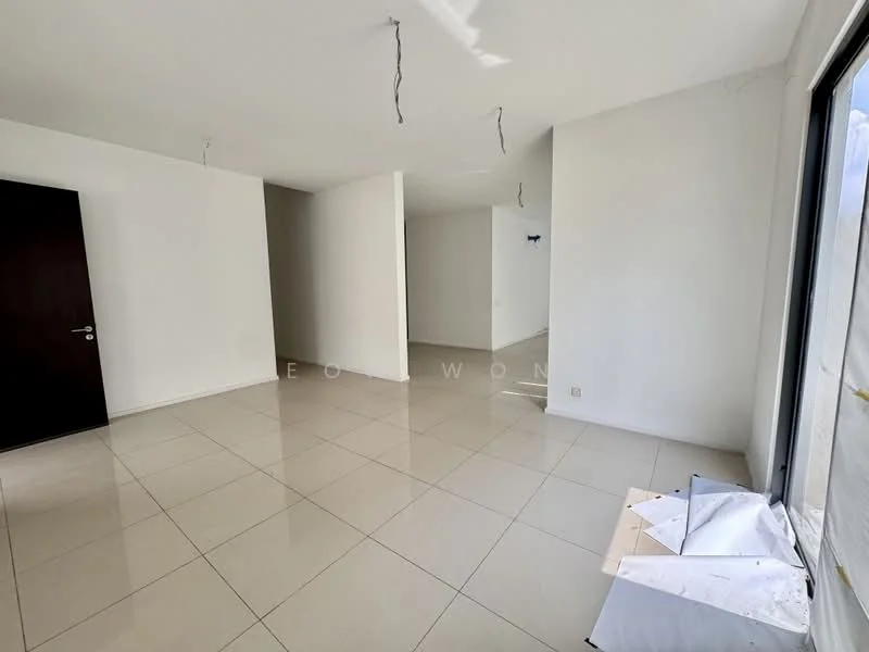 Room features: white painted walls, glossy ceramic tile flooring, large windows, natural light, no visible furniture, unfinished ceiling with exposed wiring; style: modern.