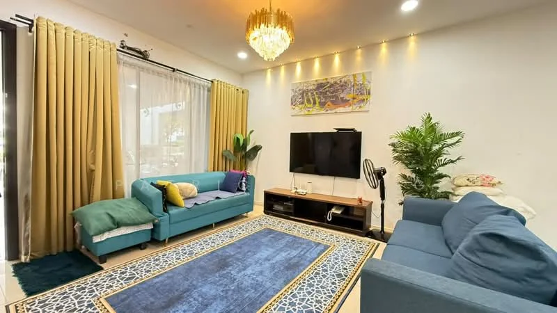 Living features: 2 fabric sofas in blue, coffee table, wall-mounted TV, TV console, area rug with geometric pattern, chandelier, floor-to-ceiling windows with sheer curtains, potted plant, decorative wall art, lighted wall feature, blue accent cushions; style: modern.