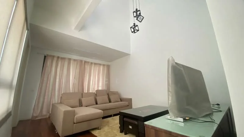 Living features: 3-seater fabric sofa in beige, coffee table, wall-mounted TV, wooden flooring, floor-to-ceiling windows with sheer curtains, recessed downlights, pendant light fixtures, area rug with neutral color, light-colored walls; style: modern.