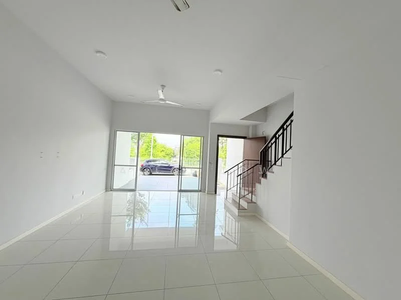 Living features: white painted walls, glossy ceramic tile flooring, 5-blade ceiling fan, large floor-to-ceiling windows, sliding glass door, staircase with metal railing, natural light from windows, open layout; style: modern; view: garden.