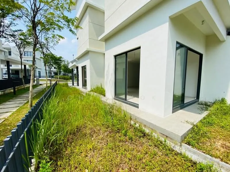 Exterior type: detached bungalow; features: white painted facade, flat roof, large floor-to-ceiling windows, concrete pathway, manicured lawn, surrounding greenery, garden area, corner lot, modern architectural design; style: modern.
