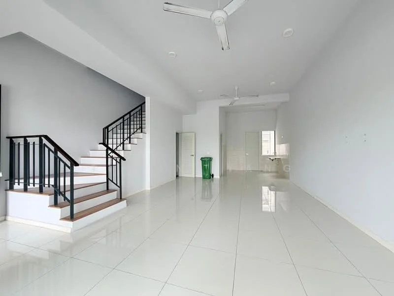 Living features: white painted walls, polished ceramic tile flooring, 2 ceiling fans, staircase with wooden steps and black railing, large windows for natural light, open layout, neutral color scheme, doorway leading to kitchen area; style: modern.