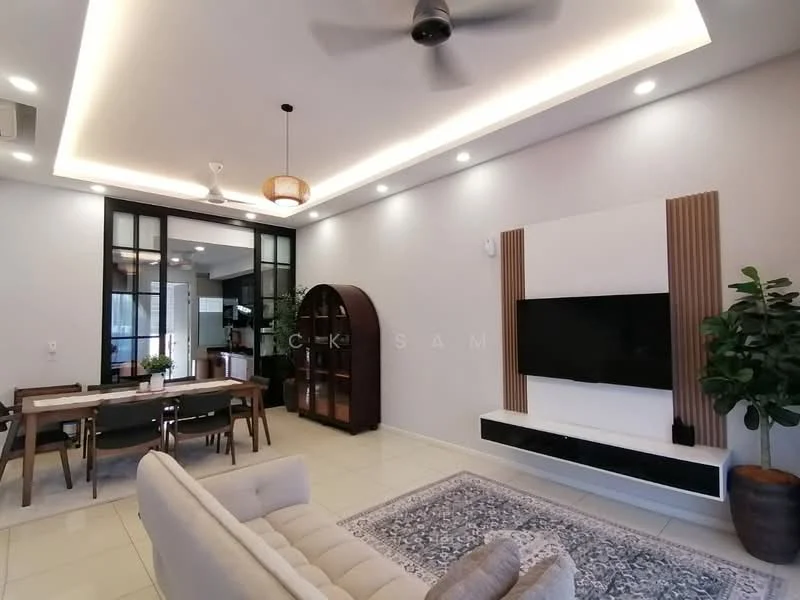 Living features: sofa in beige, coffee table, wall-mounted TV, entertainment unit, area rug with geometric pattern, 5-blade ceiling fan with light, recessed LED downlights, decorative plants in ceramic pots, feature wall with wood paneling, white painted walls, cream tiled flooring; style: modern. Dining features: 6-seater dining table, upholstered dining chairs, glass display cabinet, black framed glass partition, pendant light above dining table; style: modern.