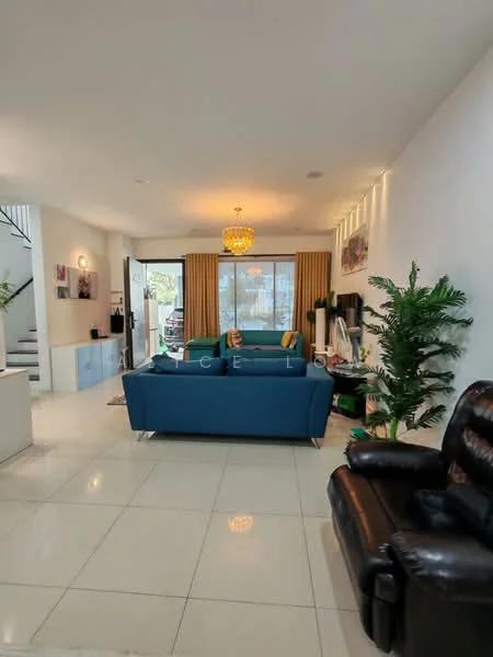 Living features: blue fabric sofa, black leather recliner, coffee table, TV console, wall-mounted TV, area rug, large sliding glass door, curtains, chandelier, potted plants, white painted walls, cream tiled flooring; style: modern; view: garden.