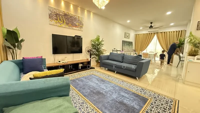 Living features: turquoise fabric sofa, grey fabric sofa, coffee table, wall-mounted TV, decorative wall art, chandelier, area rug with geometric pattern, potted plants, curtains in beige, recessed lighting, marble flooring, ceiling fan; style: modern.