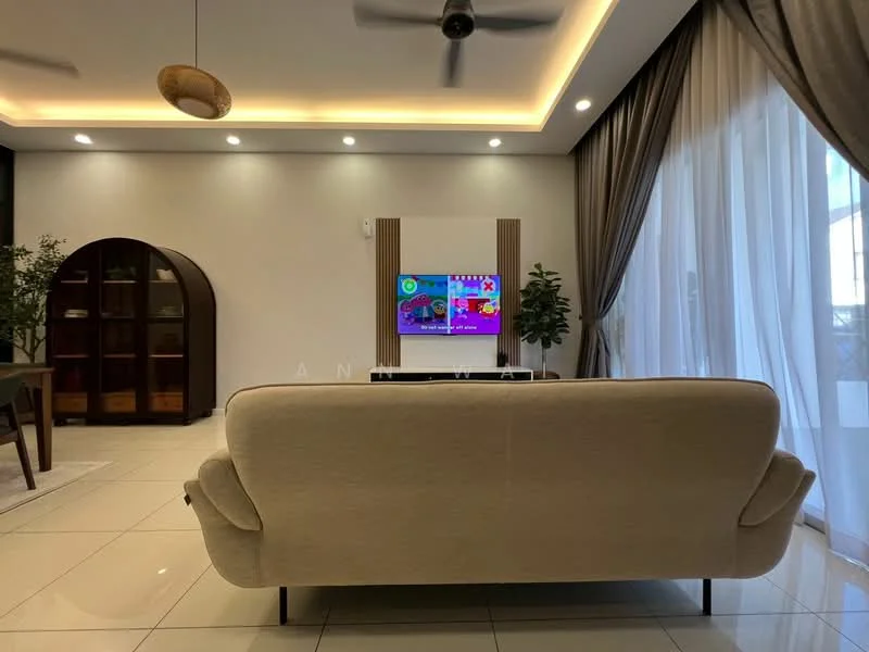 Living features: 3-seater fabric sofa in beige, wall-mounted TV, ceiling fan with light, recessed downlights, cream painted walls, white tiled flooring, curtains with sheer and blackout options, decorative plant in ceramic pot, wooden cabinet, area rug; style: modern.