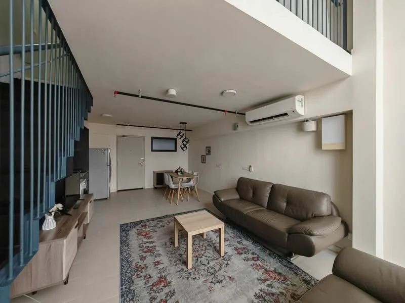 Living features: 3-seater leather sofa in brown, 2-seater leather sofa in brown, coffee table, area rug with geometric pattern, wall-mounted TV, TV console, recessed downlights, 1 wall-mounted split AC, cream painted walls, tile flooring; style: modern. Dining features: 6-seater dining table, wooden dining chairs, pendant lamp, cream painted walls, tile flooring; style: modern.