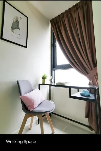 Study features: grey chair with wooden legs, pink cushion, black metal desk, small potted plant, framed artwork on wall, brown curtains, floor-to-ceiling window, tile flooring; style: modern.