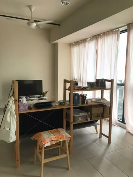 Study features: wooden study desk, stool, TV on desk, open shelving unit, light-colored walls, large windows, sheer curtains, tile flooring, ceiling fan; style: minimalist; view: city.