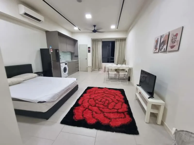 Living features: queen-size bed, black upholstered bed frame, white mattress, grey kitchen cabinetry, stainless-steel fridge, front-load washing machine, white TV console, wall-mounted TV, dining table with chairs, red area rug with floral pattern, ceiling fan, recessed LED downlights, floor-to-ceiling windows with curtains, light-colored tiled flooring; style: modern.