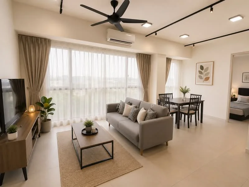 Living features: 3-seater fabric sofa in light grey, coffee table with black metal frame, area rug with natural fiber, wall-mounted TV, TV console in wood finish, floor-to-ceiling windows with sheer curtains, ceiling fan with light, recessed LED downlights, decorative plants in ceramic pots, dining table with 4 black wooden chairs; style: modern; view: city.