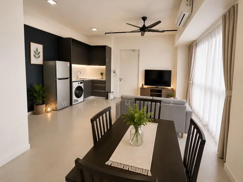 Living features: 3-blade ceiling fan, wall-mounted TV, grey fabric sofa, dining table with 4 chairs, refrigerator, front-load washing machine, kitchen cabinetry with countertop, light-colored tile flooring, large windows with sheer curtains, decorative plant on dining table, wall-mounted air conditioning unit, recessed lighting; style: modern.