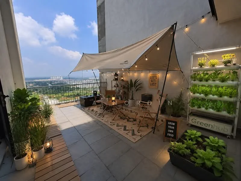 Balcony features: outdoor rug, string lights, tent canopy, wooden decking, potted plants, vertical garden with planters, outdoor seating, decorative lanterns, city view; style: modern; view: city.