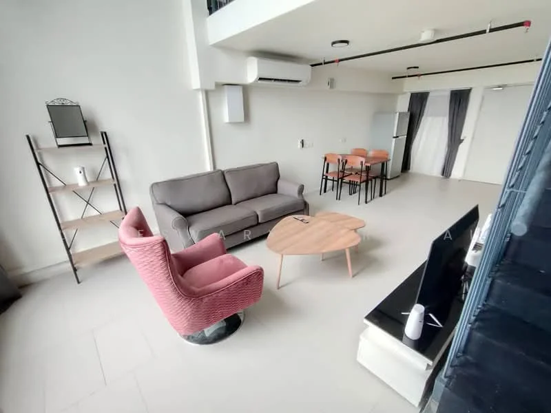 Living features: 3-seater fabric sofa in grey, pink accent chair, round wooden coffee table, wall-mounted TV, TV console, open shelving unit, air conditioning unit, floor-to-ceiling windows with sheer curtains, dining table with 4 chairs, light-colored tile flooring, recessed ceiling lights, decorative mirror; style: modern.
