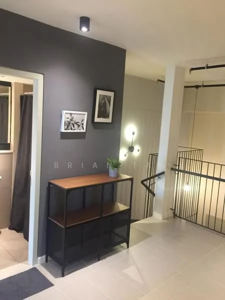 Room features: grey accent wall, white painted walls, tile flooring, wooden shelving unit, framed artwork, indirect wall lighting, potted plant, metal railing; style: modern.