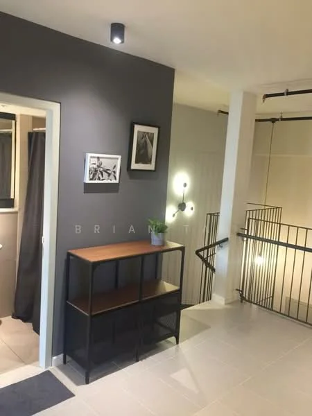 Room features: grey accent wall, white walls, tile flooring, wooden shelving unit, framed artwork, decorative plant, wall-mounted light fixture, stair railing; style: modern.