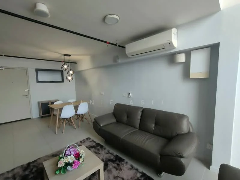 Living features: grey leather sofa, round coffee table, 4-seater dining table, white dining chairs, wall-mounted air conditioning unit, recessed ceiling lights, exposed ceiling beams, light grey painted walls, tile flooring, decorative flower arrangement on table; style: modern.