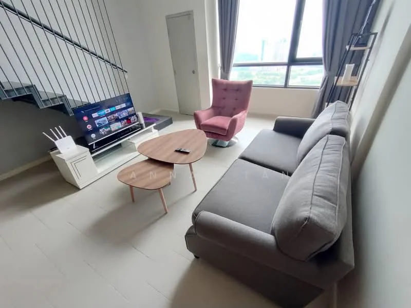 Living features: grey fabric 3-seater sofa, pink upholstered armchair, round wooden coffee table, TV console with wall-mounted TV, floor-to-ceiling windows, curtains, light-colored tiled flooring, staircase with metal railing; style: modern; view: city.