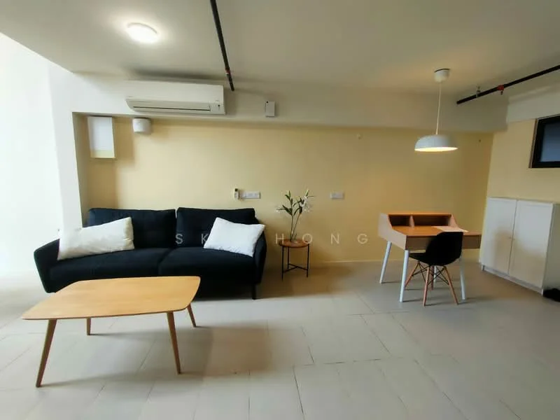 Living features: black fabric sofa, white throw pillows, light wood coffee table, white dining table, black dining chair, wall-mounted air conditioning unit, light fixture with pendant design, cream painted walls, light-colored flooring, exposed ceiling with pipes; style: modern.