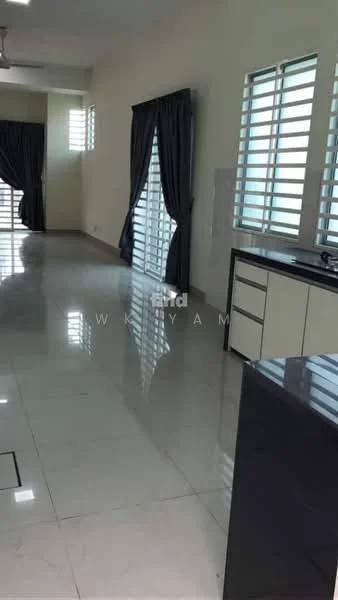Living features: white painted walls, marble tile flooring, floor-to-ceiling windows, grey curtains, open layout, kitchenette with cabinets, black countertop, stainless-steel sink, recessed downlights; style: modern.