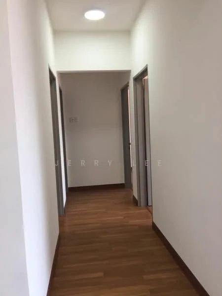 Hallway features: white painted walls, wooden flooring, recessed ceiling light, grey doors, neutral color scheme; style: modern.