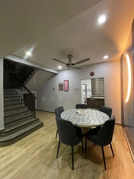 Dining features: round dining table, upholstered dining chairs, 5-blade ceiling fan with light, wooden flooring, recessed LED downlights, staircase leading to upper floor, wall-mounted decor, open layout to kitchen area; style: modern.