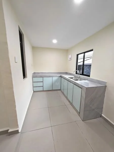 Kitchen features: L-shaped kitchen countertop, grey marble countertop, single-bowl stainless-steel sink, chrome pull-down faucet, light grey cabinetry with glass panels, white painted walls, tile flooring, two windows for natural light, recessed ceiling lights; style: modern.