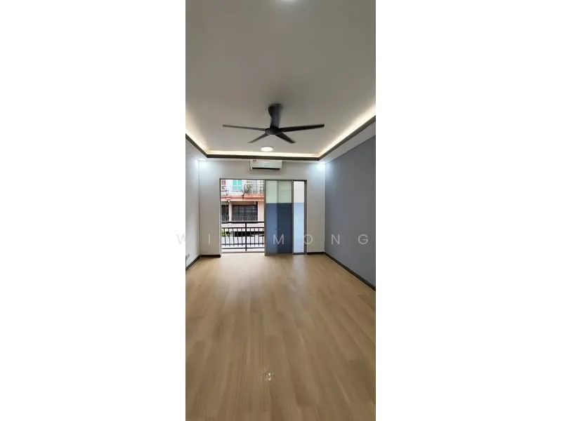 Room features: light wood laminate flooring, white painted walls, grey accent wall, recessed LED downlights, 5-blade ceiling fan with light, sliding glass door, floor-to-ceiling windows, air conditioning unit; style: modern; view: city.