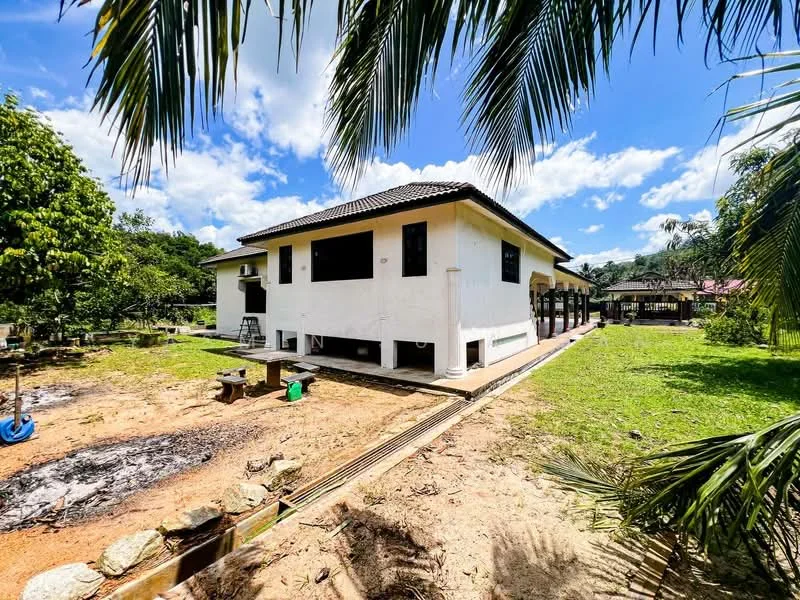 Exterior type: detached bungalow; features: white painted facade, flat roof, single-storey, manicured lawn, mature trees, surrounded by greenery, outdoor space with sandy area, pathway leading to the house; style: modern.