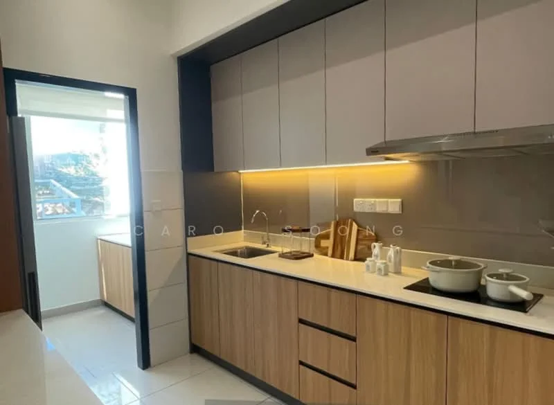 Kitchen features: wood cabinetry, white countertop, stainless-steel sink, chrome pull-down faucet, built-in oven, stainless-steel range hood, ceramic tile flooring, recessed LED downlights, window with garden view; style: modern; view: garden.