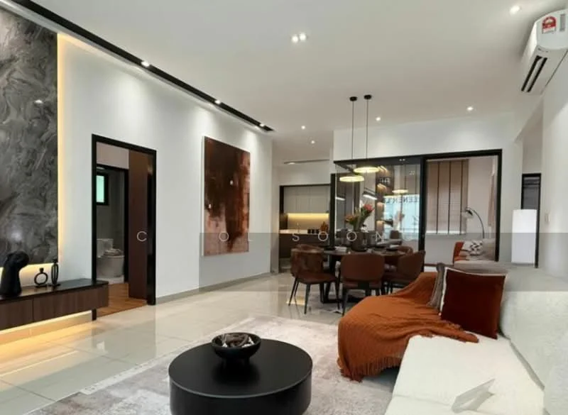 Living features: white painted walls, grey accent wall with texture, recessed downlights, pendant light, 5-blade ceiling fan, large windows with sheer curtains, cream tiled flooring, sectional sofa in white, decorative throw pillows in orange, coffee table with round surface, area rug with geometric pattern, TV console with storage, wall-mounted artwork, open dining area with dining table, upholstered dining chairs; style: modern.