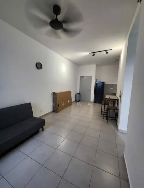 Living features: grey fabric sofa, wall-mounted clock, recessed downlights, ceiling fan, tile flooring, neutral painted walls, open layout, kitchenette area, bar table with stools, fridge, door to bathroom, large window, light-colored cabinetry; style: modern.