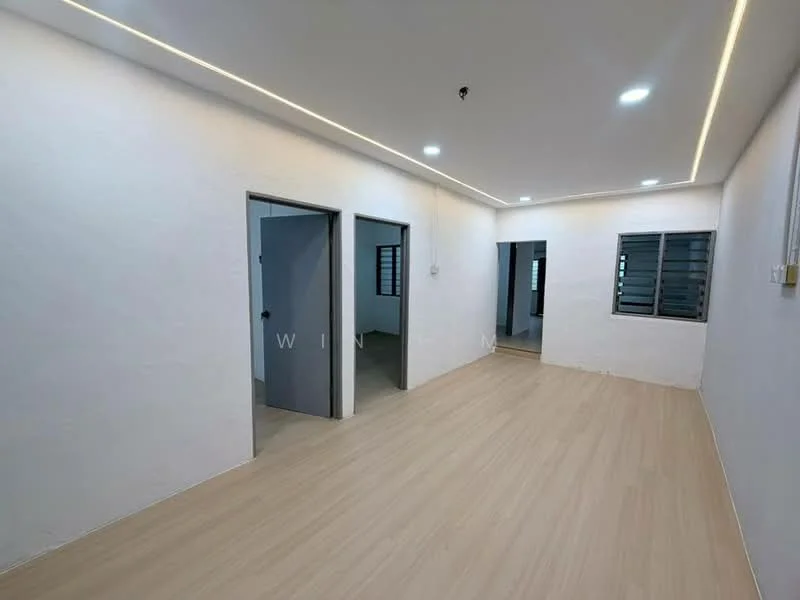 Room features: white painted walls, light wood laminate flooring, recessed LED downlights, multiple doorways, windows with horizontal slats, neutral color scheme, open layout, no visible furniture; style: modern.