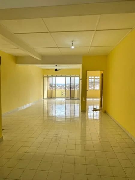 Room features: yellow painted walls, white ceiling, ceramic tile flooring, large windows with sliding doors, ceiling fan, open layout, natural light, view of outdoor space; style: modern; view: city.
