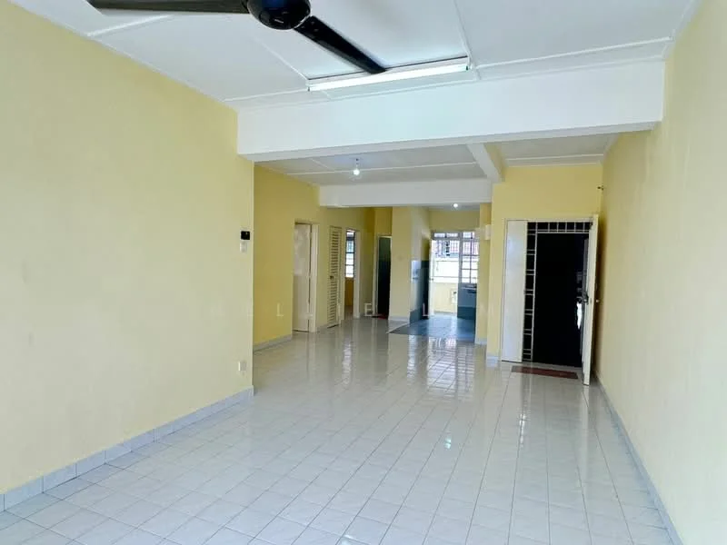 Room features: yellow painted walls, white tiled flooring, ceiling fan, recessed lighting, open layout, large windows, doorway leading to kitchen, doorway leading to hallway; style: modern.