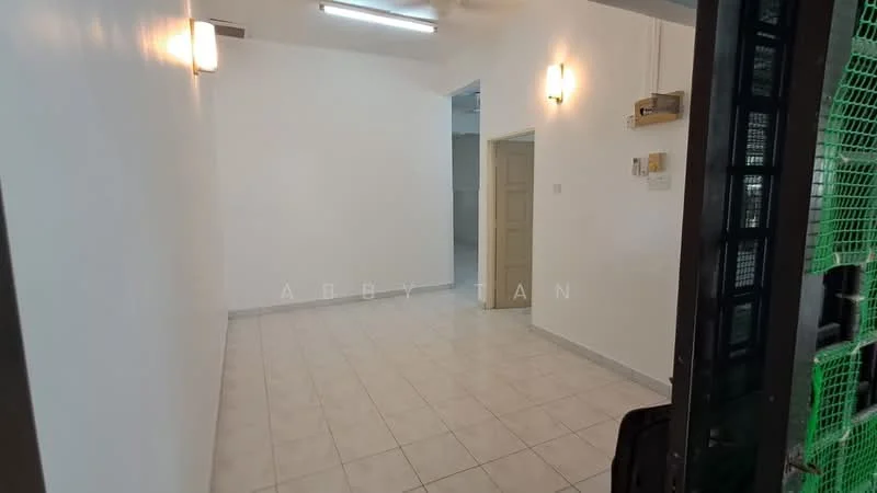 Room features: white painted walls, tile flooring, ceiling lights, wall-mounted sconces, doorway leading to another room, open space layout.