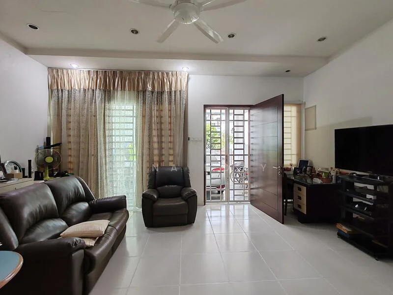 Living features: 3-seater leather sofa in dark brown, recliner chair in dark brown, coffee table, TV console, wall-mounted TV, floor-to-ceiling windows with sheer curtains, white painted walls, white tiled flooring, ceiling fan with light, decorative wall clock, built-in shelving unit; style: modern.