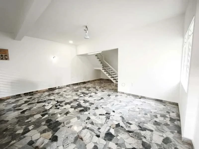 Room features: marble flooring, white painted walls, ceiling fan, staircase with railing, large windows, natural light, open layout, neutral color scheme; style: modern.