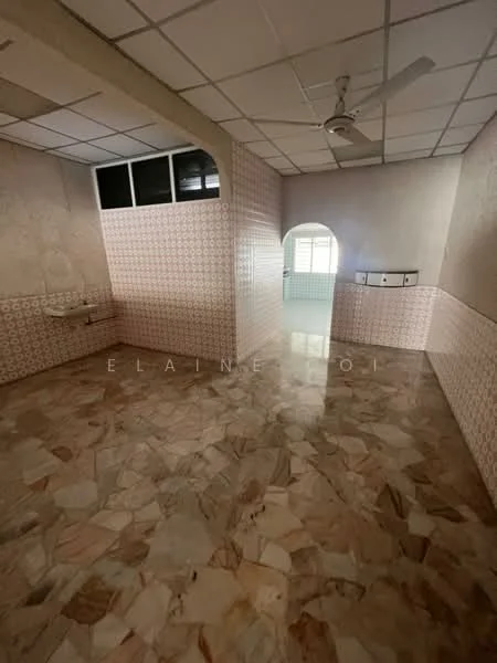 Room features: marble flooring, white painted walls, ceiling fan, window with grid pattern, arched doorway, built-in cabinetry, tile backsplash, light-colored ceiling tiles.