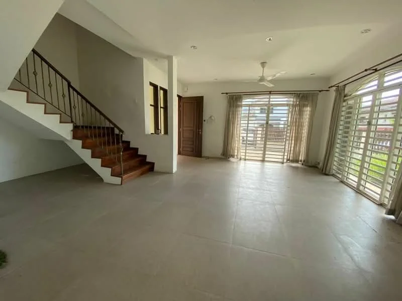 Living features: large sliding glass door, floor-to-ceiling windows, 5-blade ceiling fan, neutral wall paint, tile flooring, curtains, staircase with wooden steps, open layout, natural light, view of outdoor space; style: modern; view: garden.