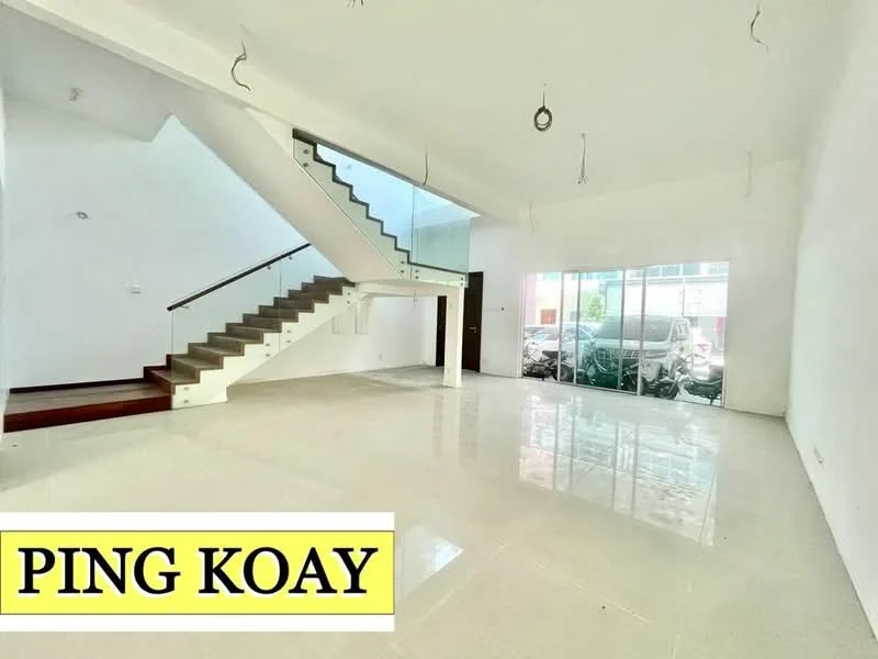 Living features: white painted walls, polished tile flooring, staircase with wooden steps and metal railing, large floor-to-ceiling windows, natural light from windows, open layout, high ceiling, no visible furniture; style: modern.