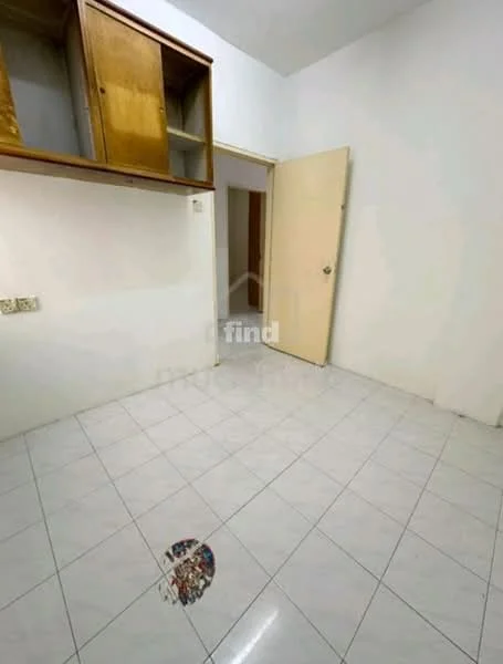 Room features: white painted walls, white tiled flooring, wooden cabinets, single door, light switch, no visible furniture; style: minimalist.
