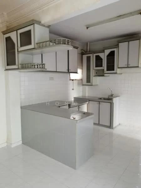 Kitchen features: grey laminate cabinetry, white tiled backsplash, single-bowl stainless-steel sink, chrome pull-down faucet, kitchen island with storage, built-in oven, freestanding range oven, white ceramic tile flooring, recessed downlights, wall-mounted cabinets with glass fronts; style: modern.
