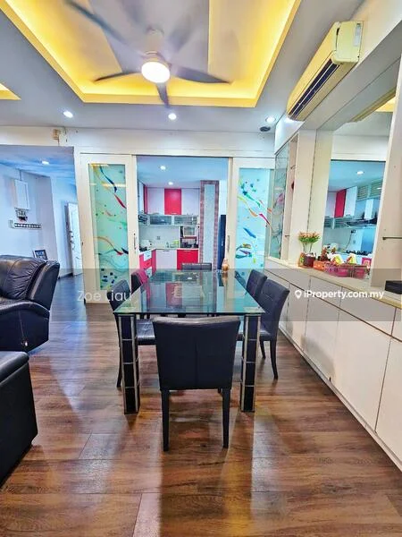 Dining features: glass dining table, black upholstered dining chairs, wooden flooring, recessed ceiling lights, tray ceiling with LED lighting, open layout to kitchen, decorative wall with colorful patterns, wall-mounted mirror, air conditioning unit; style: modern. Kitchen features: kitchen cabinetry with glossy finish, stainless-steel appliances, open layout, countertop with bar seating, colorful backsplash, kitchen island, recessed lighting; style: modern.