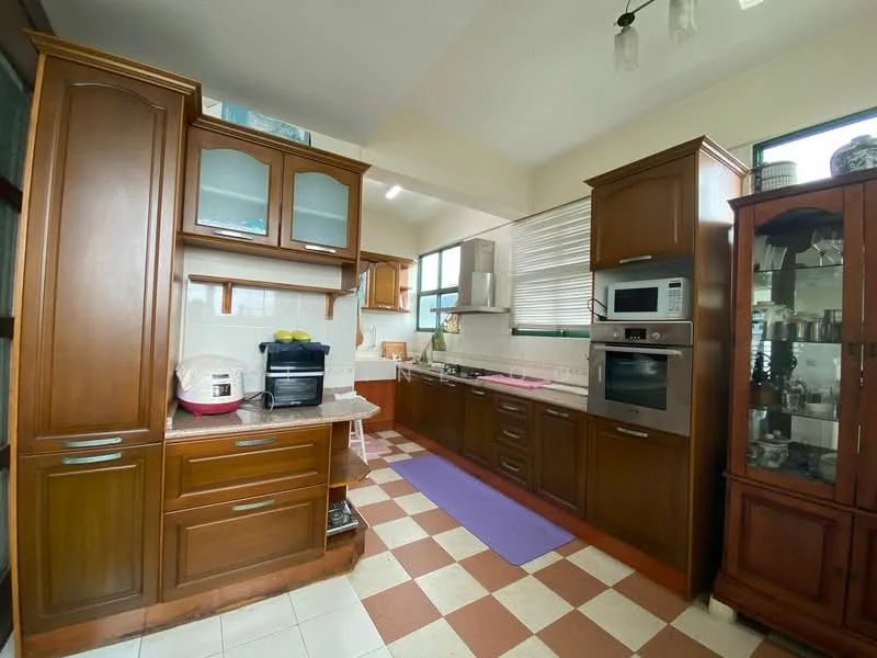 Kitchen features: brown wooden cabinetry, granite countertop, stainless-steel built-in microwave, stainless-steel oven, ceramic tile flooring, white tiled backsplash, double-bowl stainless-steel sink, chrome pull-down faucet, kitchen island, window with green view, recessed downlights, pink mat on floor; style: modern; view: garden.