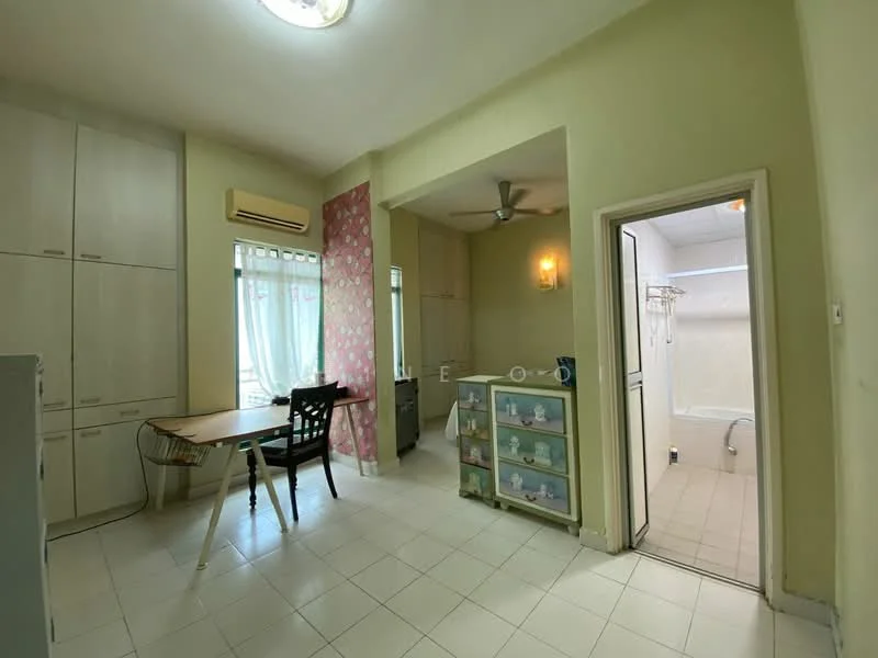 Kitchen features: white cabinetry with multiple doors, table with wooden surface and black chair, floor-to-ceiling windows, cream painted walls, tile flooring, wall-mounted split AC, ceiling fan, pink accent wall with floral pattern, refrigerator, open layout to adjacent room. Bathroom features: bathtub, tile flooring, light-colored walls, shower head, toilet, sink with mirror, laundry area with hanging space.