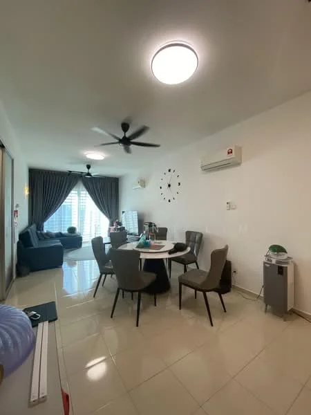 Living features: 5-blade ceiling fan with light, round dining table, 4 dining chairs, 3-seater fabric sofa in navy blue, floor-to-ceiling windows, grey curtains, wall-mounted air conditioning unit, decorative wall clock, tile flooring, light fixture on ceiling, side table, decorative plant; style: modern; view: city.