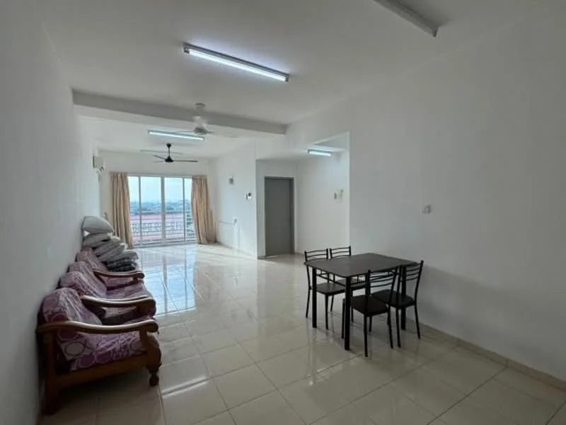 Living features: white painted walls, glossy ceramic tile flooring, 5-blade ceiling fan with light, floor-to-ceiling windows, curtains, sofa with floral upholstery, wooden coffee table, dining table with four black chairs; style: modern; view: city.