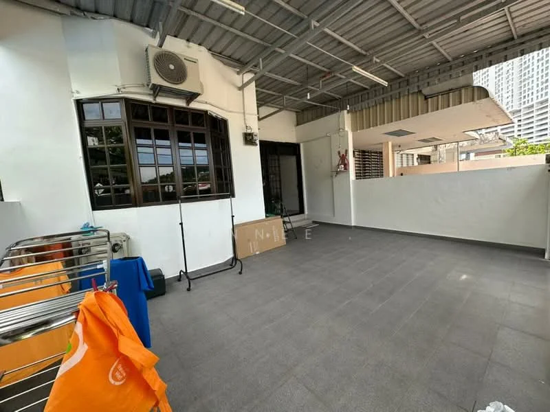 Room features: grey tiled flooring, white painted walls, exposed ceiling with metal beams, wall-mounted split AC unit, large windows with black frames, open layout, outdoor access, clothes drying rack, cardboard box; style: modern; view: city.